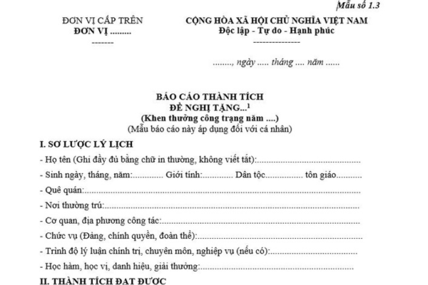 Mẫu Báo cáo thành tích đề nghị khen thưởng danh hiệu thi đua hình thức khen thưởng đối với cá nhân