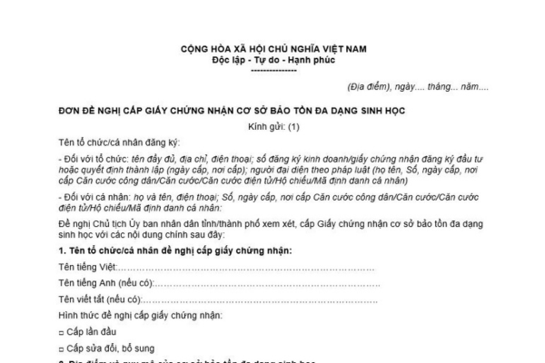 Đơn đề nghị cấp giấy chứng nhận cơ sở bảo tồn đa dạng sinh học