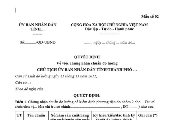 Quyết định chứng nhận chuẩn đo lường