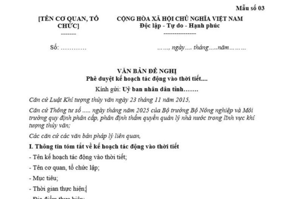 Mẫu Văn bản đề nghị phê duyệt kế hoạch tác động vào thời tiết