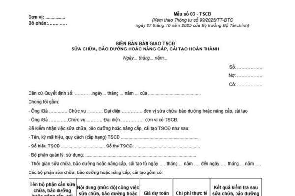 Biên bản bàn giao TSCĐ sửa chữa