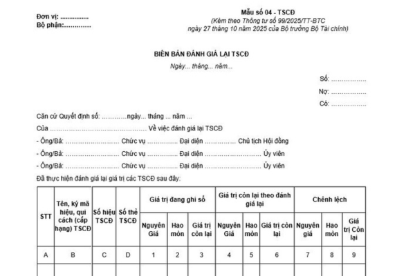 Hướng dẫn ghi Biên bản đánh giá lại TSCĐ dành cho kế toán