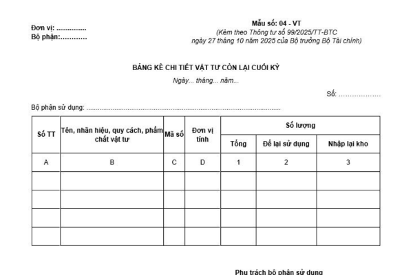 Cách tải về mẫu Bảng kê chi tiết vật tư còn lại cuối kỳ dành cho kế toán