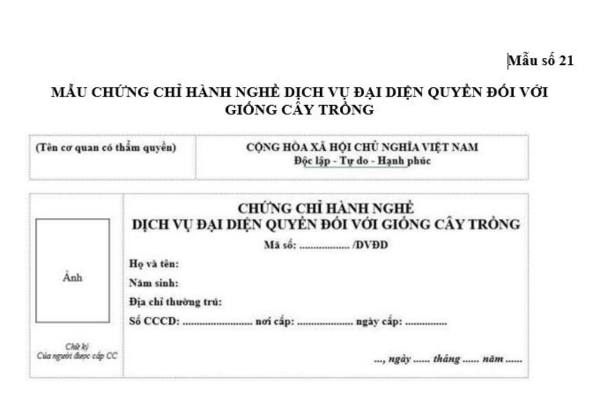 Mẫu Chứng chỉ hành nghề dịch vụ đại diện quyền đối với giống cây trồng