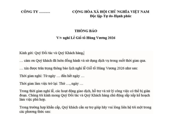 Mẫu Thông báo lịch nghỉ lễ Giỗ tổ Hùng Vương 2026 cho KH