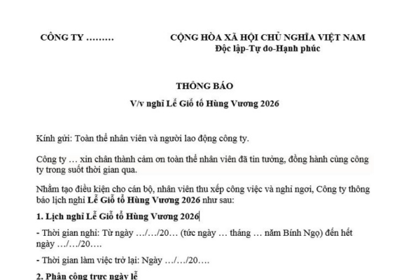 Mẫu Thông báo nghỉ lễ GTHV