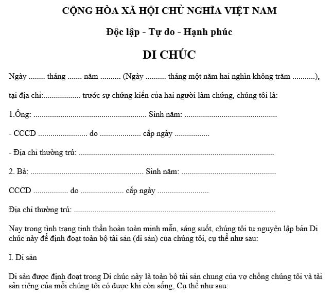 Tải về mẫu di chúc mới nhất 2026 chuẩn pháp lý? Mẫu di chúc có người làm chứng mới nhất file word?