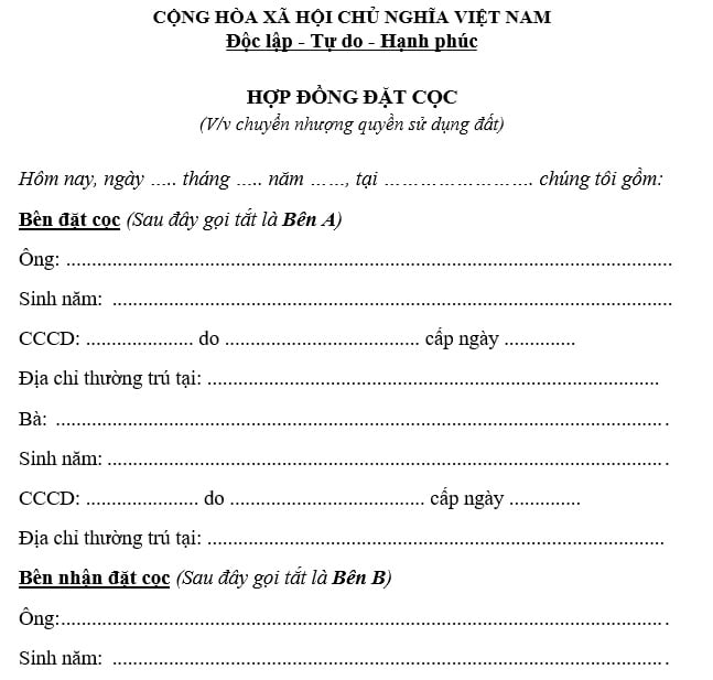Mẫu hợp đồng đặt cọc chuyển nhượng quyền sử dụng đất
