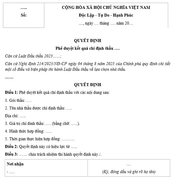 Mẫu quyết định phê duyệt kết quả chỉ định thầu rút gọn mới nhất 2026