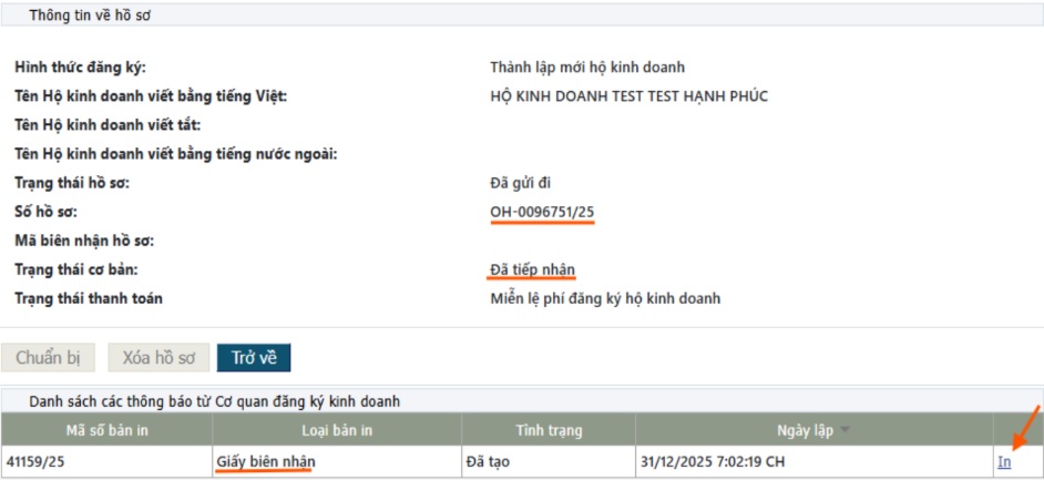 Trạng thái nộp hồ sơ thành công