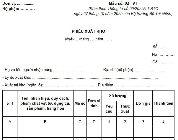 Mẫu phiếu xuất kho mới nhất 2026