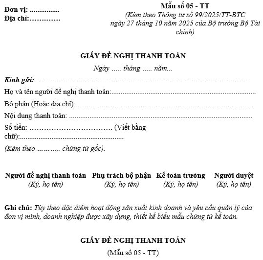 Mẫu số 05-TT Giấy đề nghị thanh toán