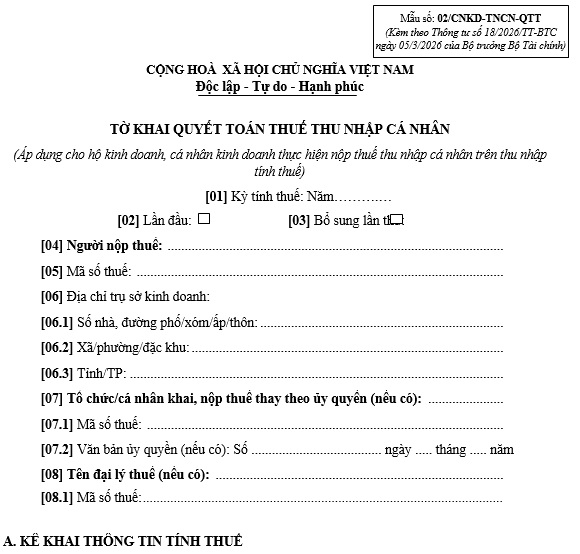 Tờ khai quyết toán thuế&nbsp;thu nhập cá nhân theo Mẫu số 02/CNKD-TNCN-QTT