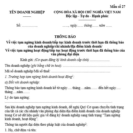 Mẫu thông báo tạm ngừng kinh doanh của doanh nghiệp