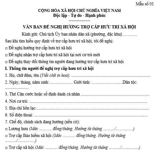 Mẫu số 01 Văn bản đề nghị hưởng trợ cấp hưu trí xã hội