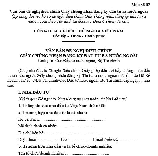 Văn bản đề nghị điều chỉnh Giấy chứng nhận đăng ký đầu tư ra nước ngoài