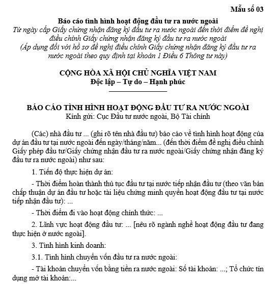 Mẫu Báo cáo tình hình hoạt động đầu tư ra nước ngoài