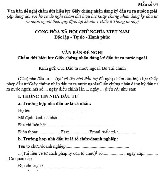 Văn bản đề nghị chấm dứt hiệu lực Giấy chứng nhận đăng ký đầu tư ra nước ngoài