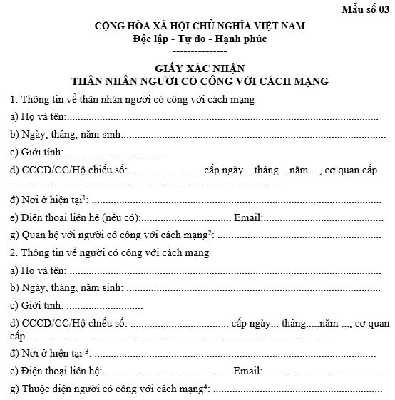 Giấy xác nhận thân nhân người có công với cách mạng