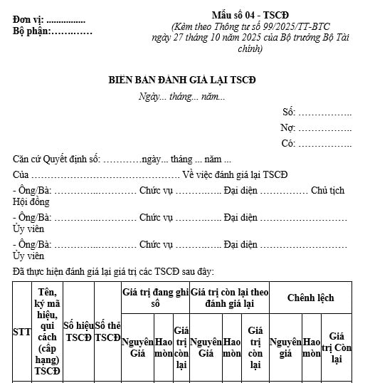 Mẫu Biên bản đánh giá lại tài sản cố định