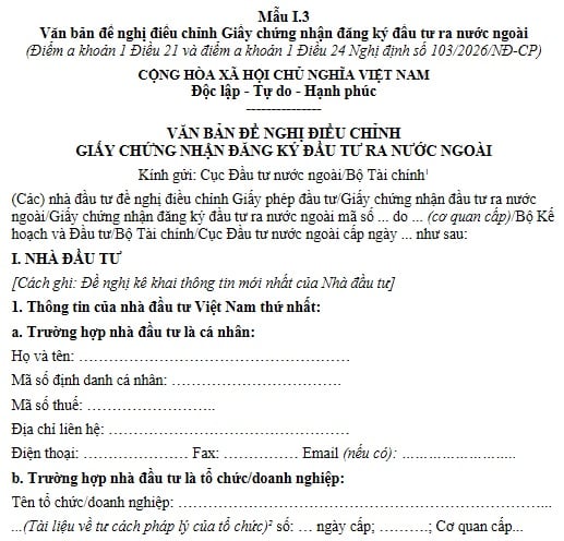 Mẫu I.3 Văn bản đề nghị điều chỉnh Giấy chứng nhận đăng ký đầu tư ra nước ngoài