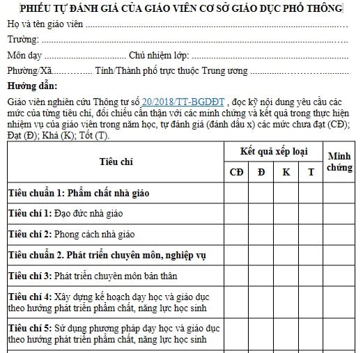 Phiếu tự đánh giá theo chuẩn nghề nghiệp giáo viên cơ sở giáo dục phổ thông mới nhất 2026
