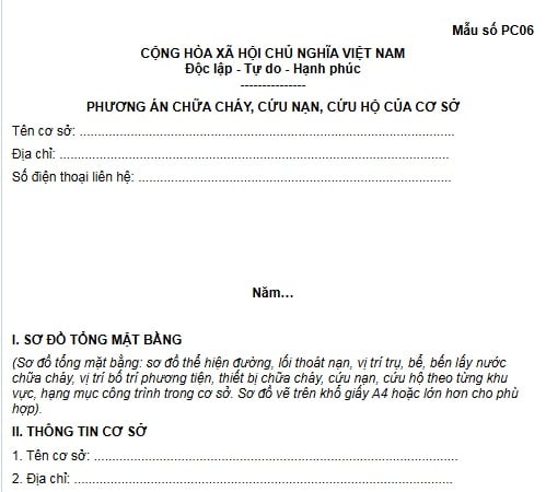 Mẫu PC06 Phương án chữa cháy cứu nạn cứu hộ của cơ sở mới nhất 2026