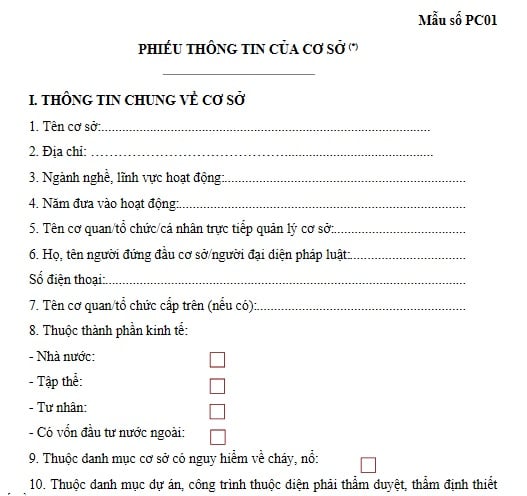 Mẫu Phiếu thông tin của cơ sở Mẫu số PC01