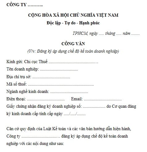 Mẫu công văn đăng ký chế độ kế toán doanh nghiệp mới nhất 2026
