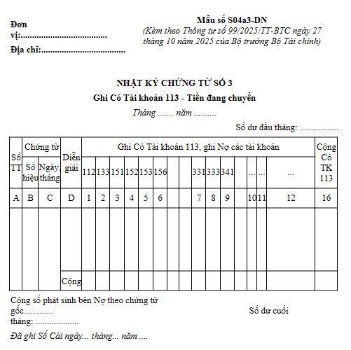 Mẫu nhật ký chứng từ số 3 Mẫu số S04a3 DN