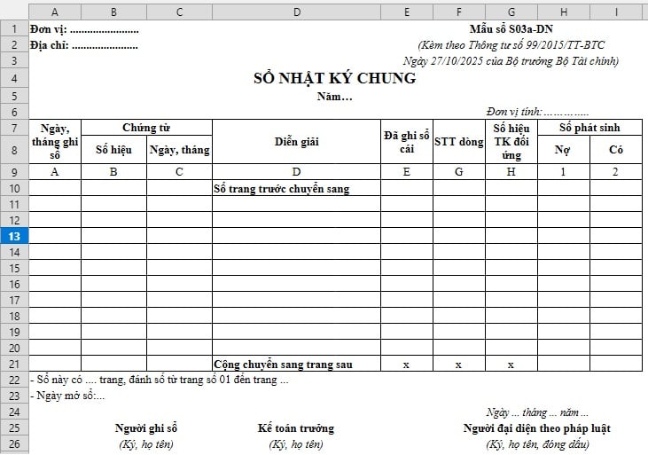 Mẫu sổ Nhật ký chung theo Thông tư 99