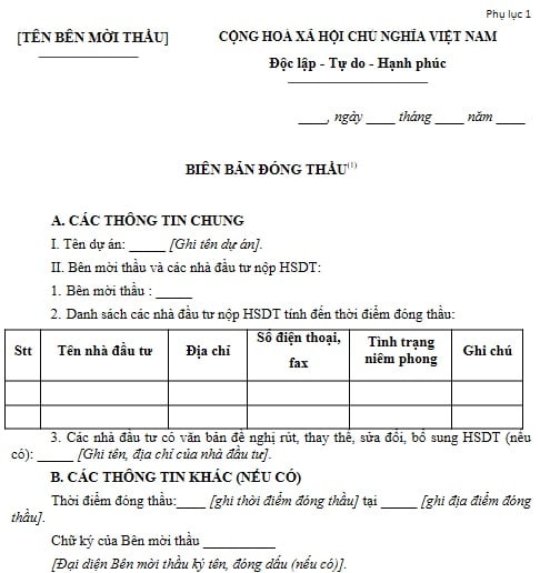 Mẫu biên bản đóng thầu mới nhất năm 2026