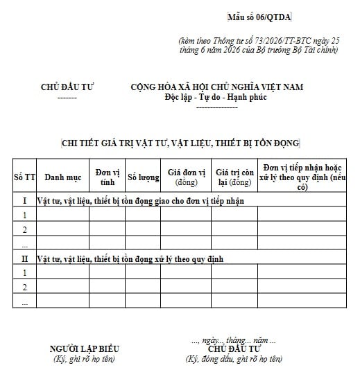 Mẫu số 06 QTDA Chi tiết giá trị vật tư vật liệu thiết bị tồn đọng
