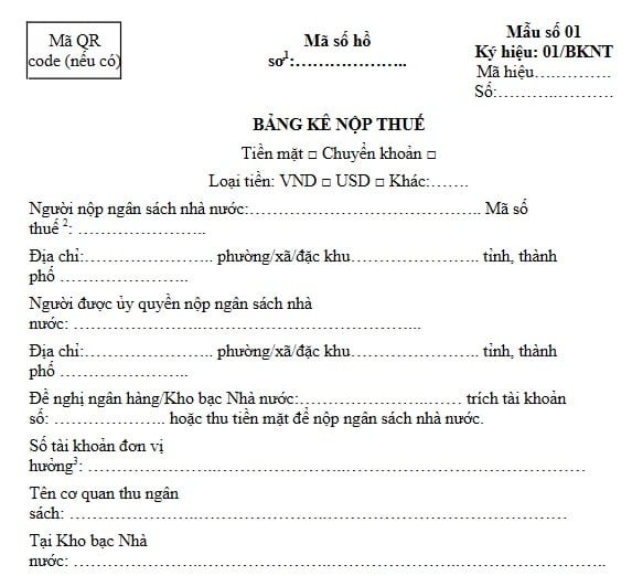 Mẫu Bảng kê nộp thuế 2026 Mẫu số 01/BKNT