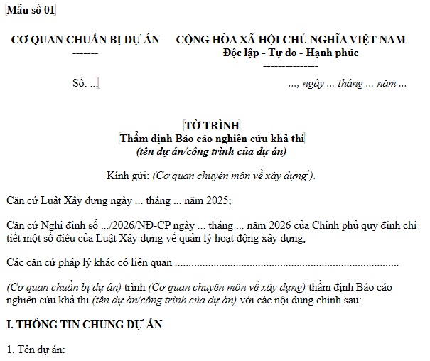 Mẫu số 01 Tờ trình thẩm định Báo cáo nghiên cứu khả thi
