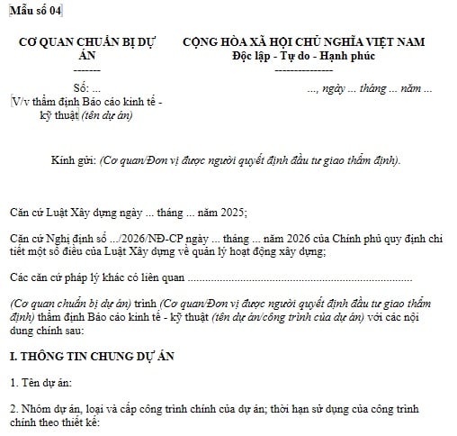 Mẫu số 04 Văn bản đề nghị thẩm định Báo cáo kinh tế kỹ thuật