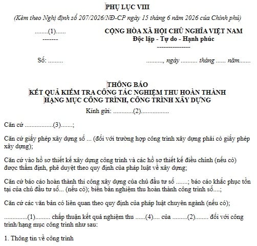 Mẫu Thông báo kết quả kiểm tra công tác nghiệm thu công trình