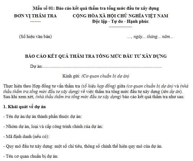Mẫu số 01 Mẫu Báo cáo kết quả thẩm tra tổng mức đầu tư xây dựng
