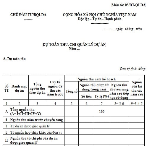 Mẫu số 03 DT QLDA Mẫu Dự toán thu chi quản lý dự án
