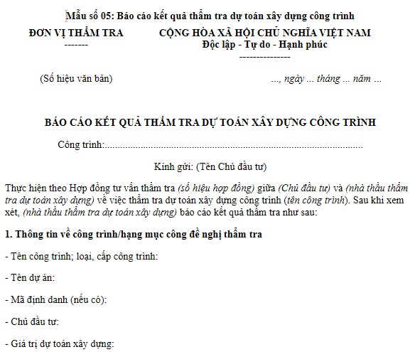 Mẫu số 05 Mẫu Báo cáo kết quả thẩm tra dự toán xây dựng công trình