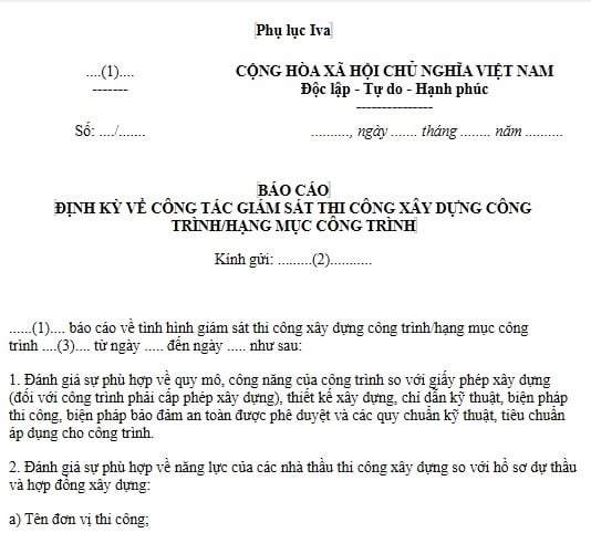 Mẫu Báo cáo định kỳ về công tác giám sát thi công xây dựng hạng mục công trình