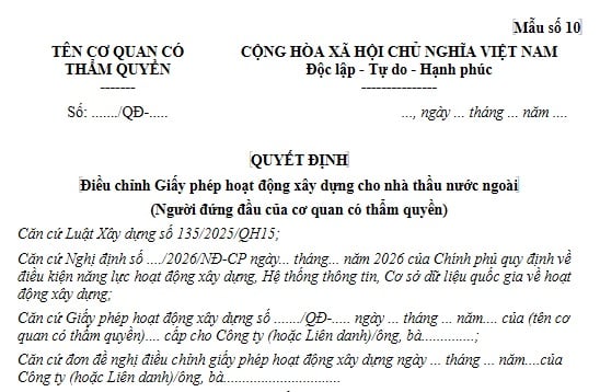 Mẫu Quyết định điều chỉnh Giấy phép hoạt động xây dựng cho nhà thầu nước ngoài