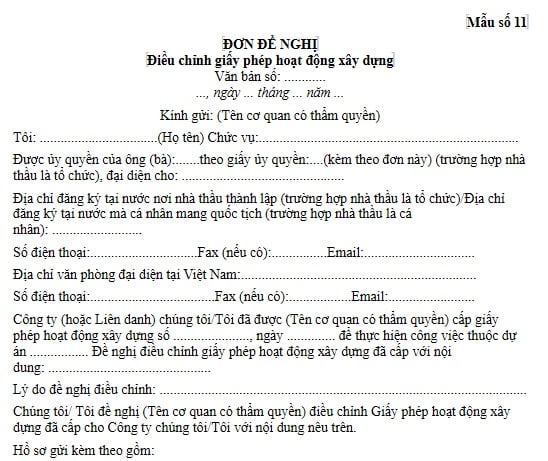 Mẫu Đơn đề nghị điều chỉnh giấy phép hoạt động xây dựng