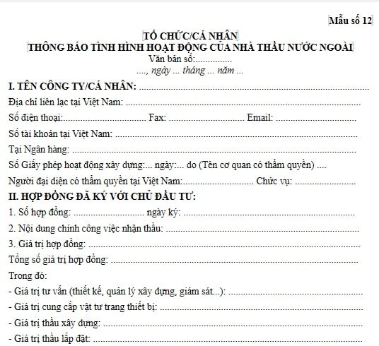 Mẫu Thông báo tình hình hoạt động của nhà thầu nước ngoài