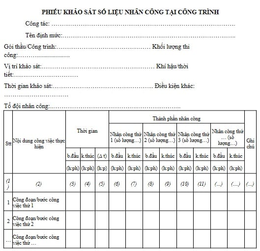 Mẫu Phiếu khảo sát số liệu nhân công tại công trình