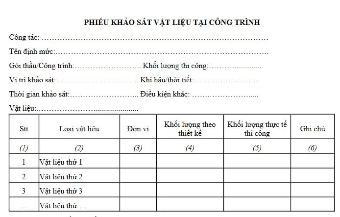 Mẫu Phiếu khảo sát vật liệu tại công trình