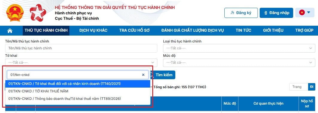 Các tờ khai mẫu 01/TKN-CNKD