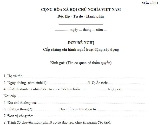 Đơn đề nghị cấp chứng chỉ hành nghề hoạt động xây dựng