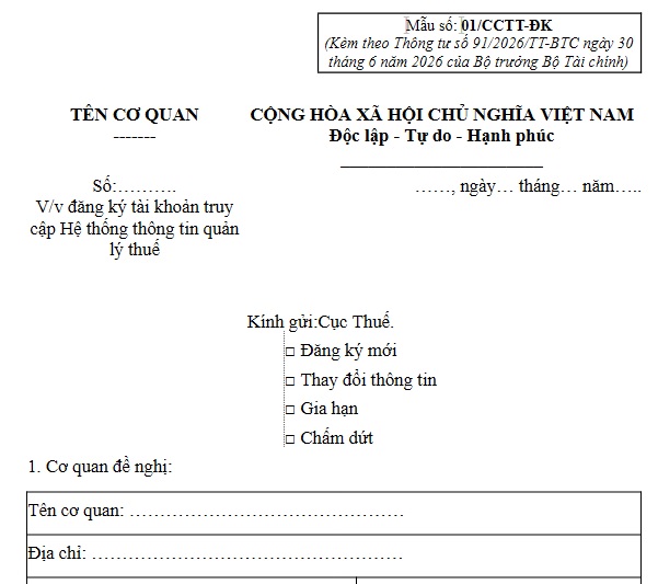 Mẫu 01/CCTT-ĐK Đề nghị đăng ký mới hoặc bổ sung nội dung cung cấp thông tin hóa đơn điện tử