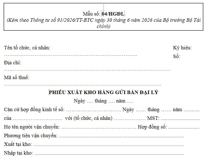 Mẫu 04/HGĐL Mẫu Phiếu xuất kho gửi bán hàng đại lý